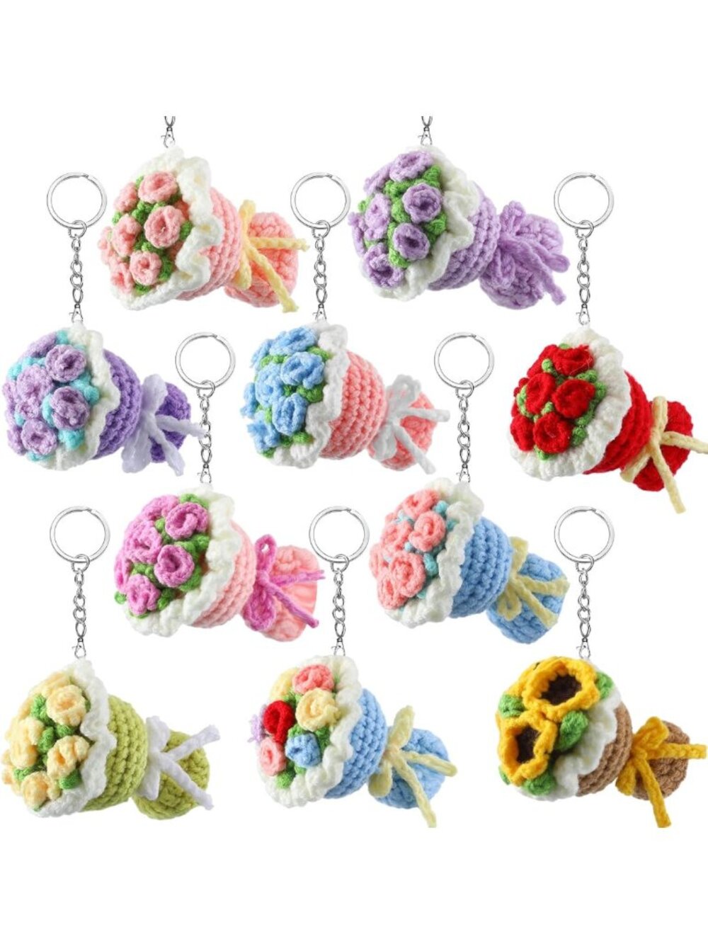 Handmade Crochet Flower Keychain Set - 10 Pcs Bag Charm for Gifts & Decor